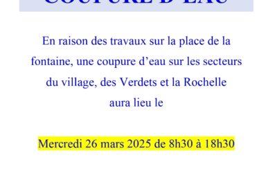 Coupure d’eau secteurs les verdets, le village, la Rochelle le mercredi 26 mars